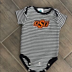 Oklahoma State Striped Black and White Baby Onesie. Size 3-6M.